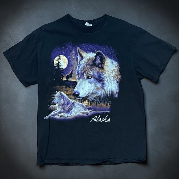 Delta Pro Weight Other - VTG Y2K Delta Pro Weight Alaska T-Shirt Mens Black Wolves Moon Graphic Print M
